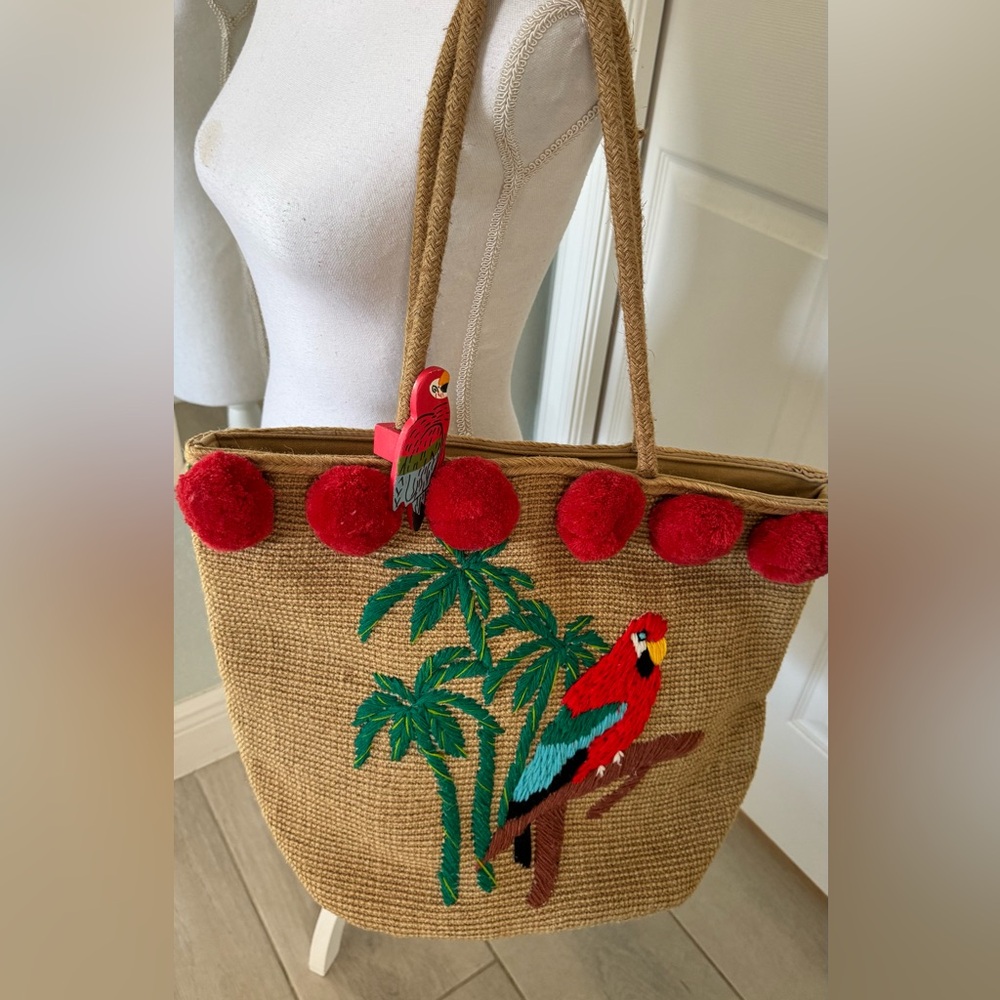 America & Beyond Embroidered Parrot Palm Straw Tote Beach/Resort Bag Pom Poms